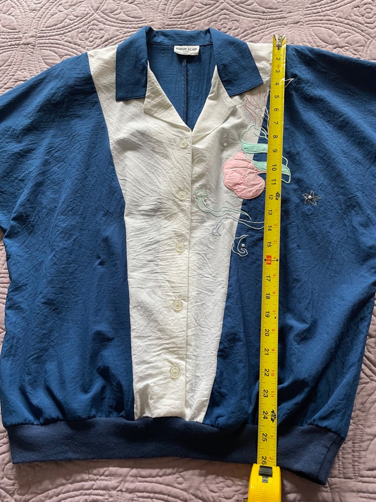 1980’s Bonnie Blair L/XL Women Top Blue Retro Sea Shell Gramma VTG Nautical EUC