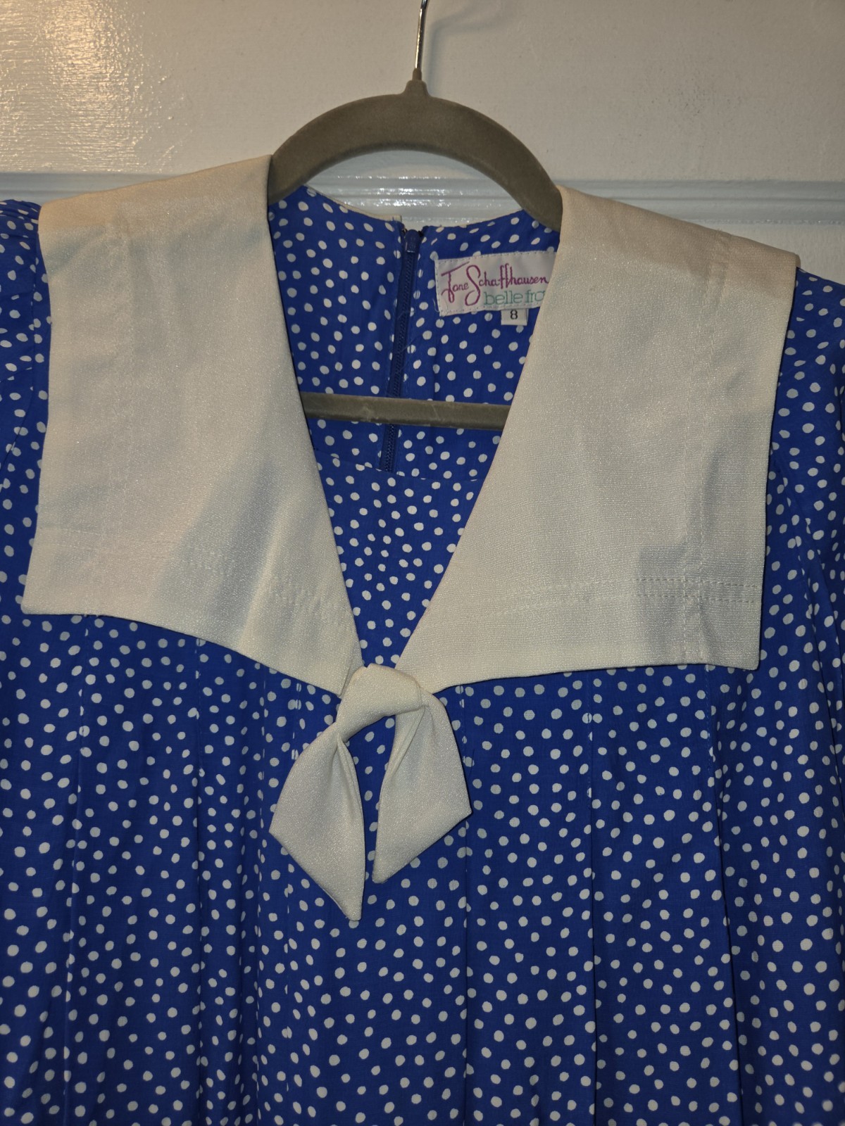 Vintage 80’s Jane Schaffhausen Belle France Blue And White Polka Dot Dress. 8