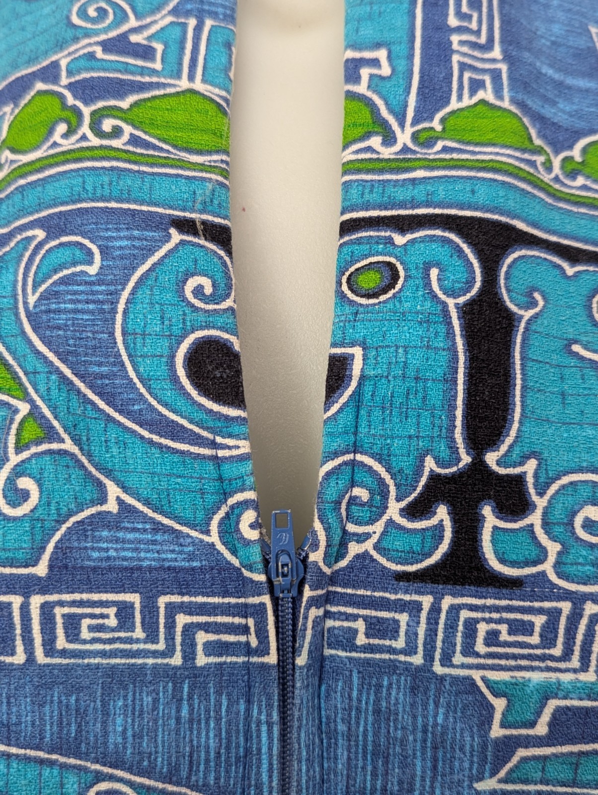 Vtg 70s Two Potato Tribal BARKCLOTH Angel Wing Boho Dress – Blues Greens MEDIUM