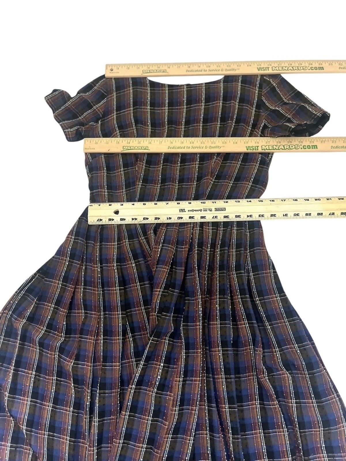Vtg 1950s Plaid Pleated Day Dress S/M Metal Zipper Textured Fabric Short Sleeve