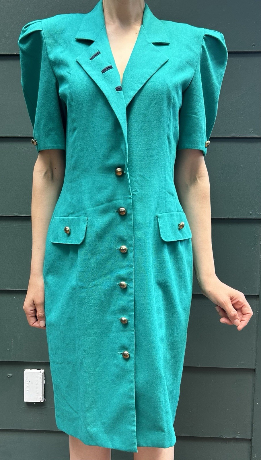 Vintage 80s Teal Blazer Dress Size 10 Office Siren Made In USA Corporate Chic