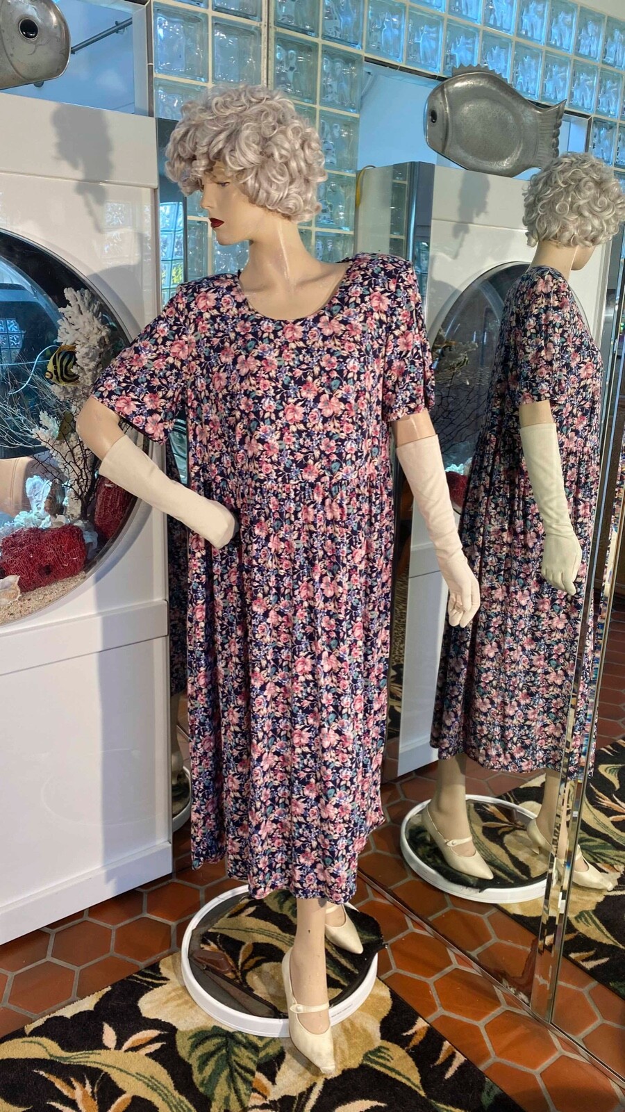 VTG 90s Dress Cottage Country no waist Navy Floral maxi Size 14W