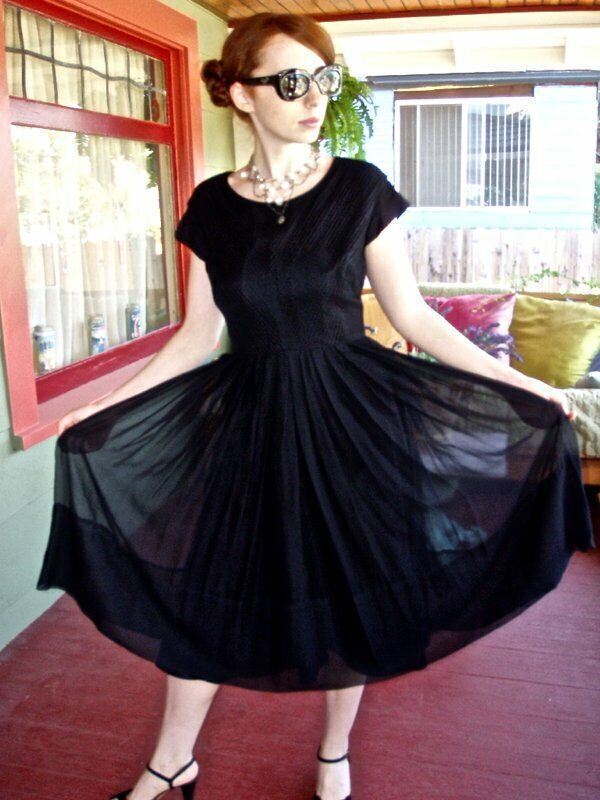 VTG 50s 60s PinUp Girl Dress Full Skirt Black Sheer Chiffon Ribbed S/M
