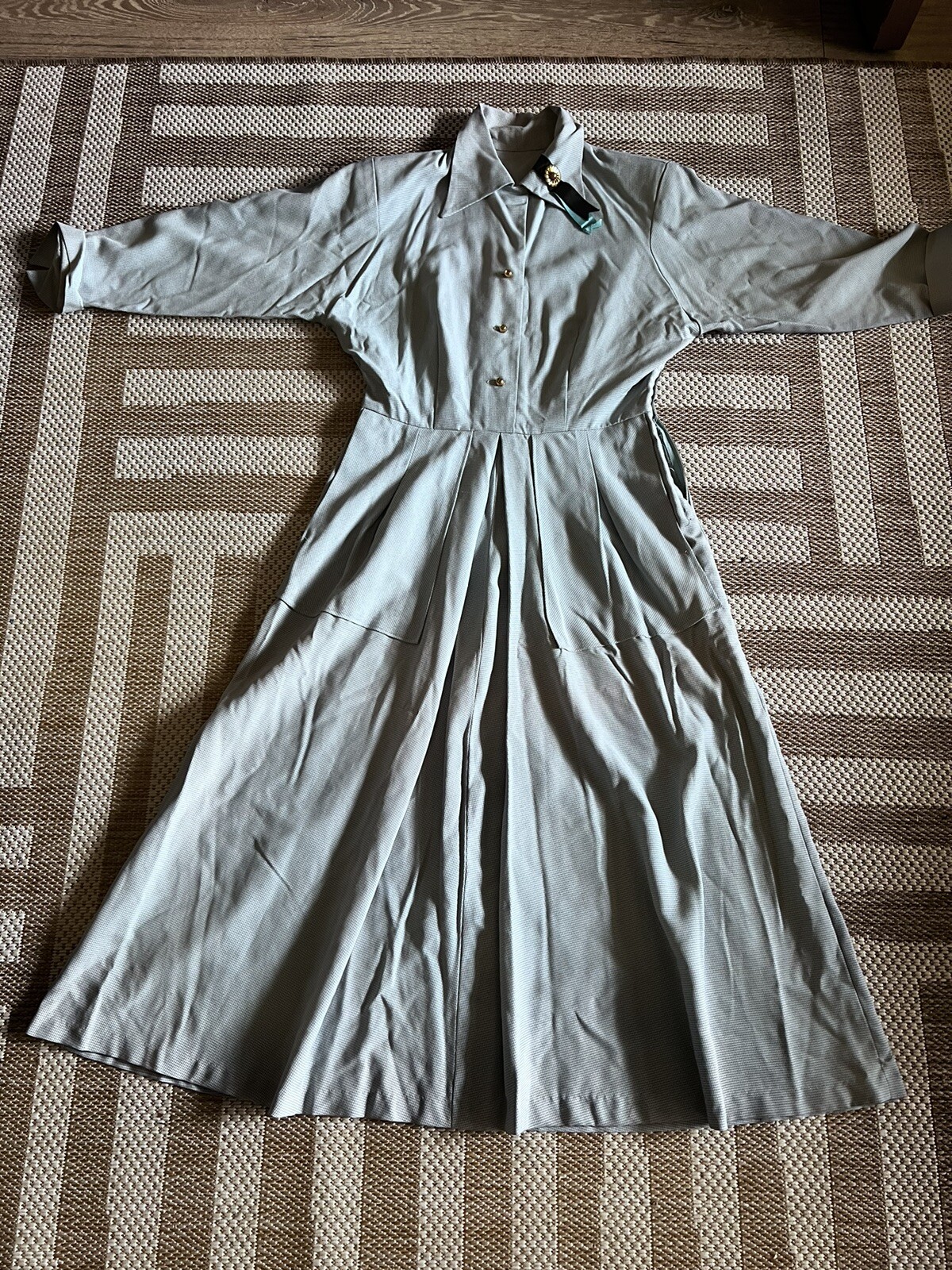 Vintage 50’s 60’s Stewardess Dress. Blue/ Gray Tiny Check. ( See Measurements).