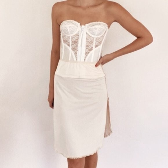 Vintage High Waist Ivory Cream Lace Slip Skirt Boho Size Small