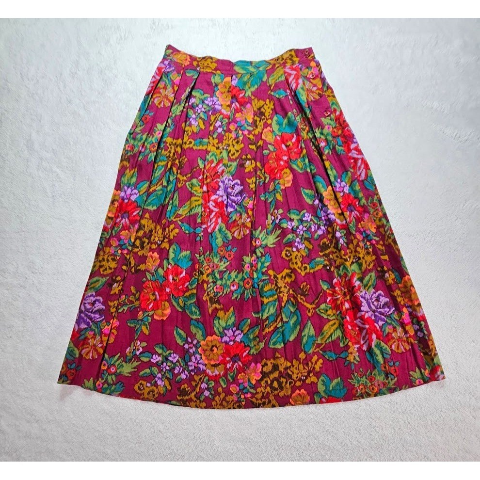 Segue Vintage Magenta Floral Pleated Rayon Midi Skirt Pockets Womens 14