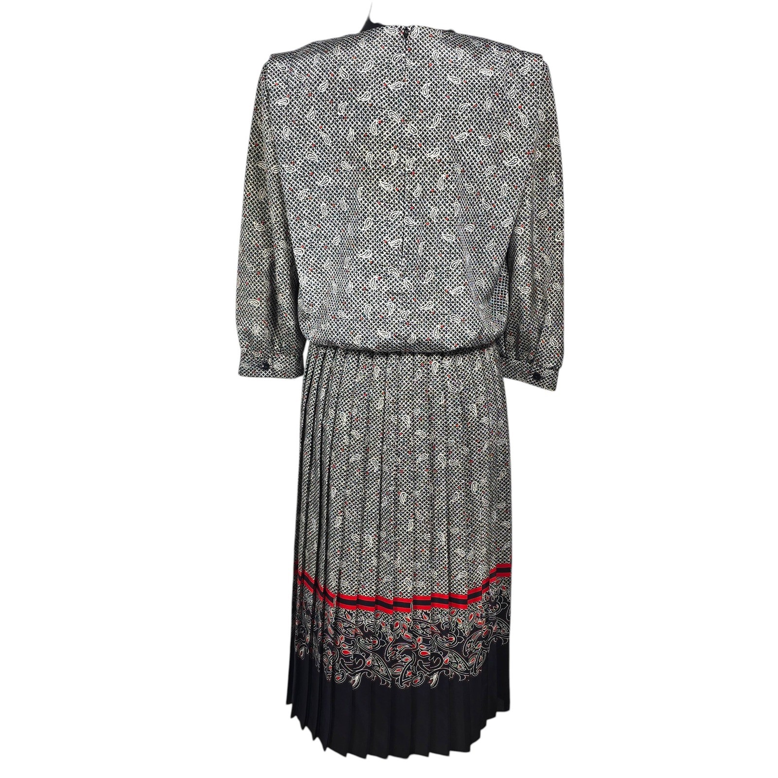 VLP Petites Vintage 80s Paisley Pleated Midi Dress Black Red White Size 4 USA