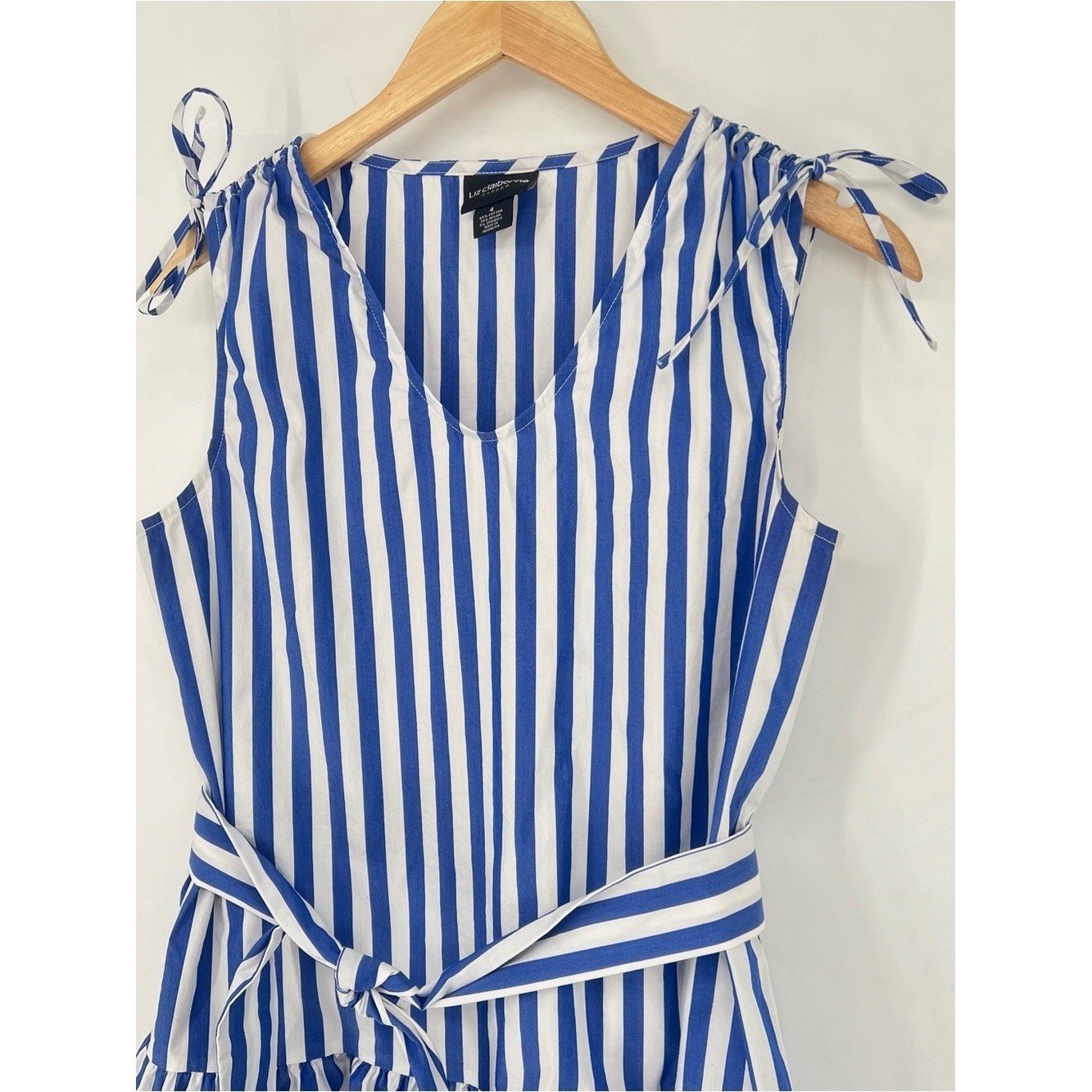 Vintage Liz Claiborne Career Blue White Striped Tie-Waist Summer Dress Tiered 4