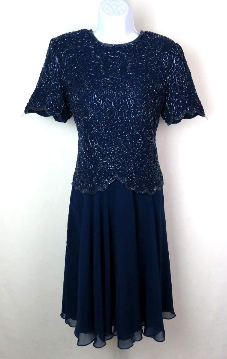 VTG 1980s BRILLIANTE BY JA BLUE BEADED DRESS SIZE PM POLY CHIFFON