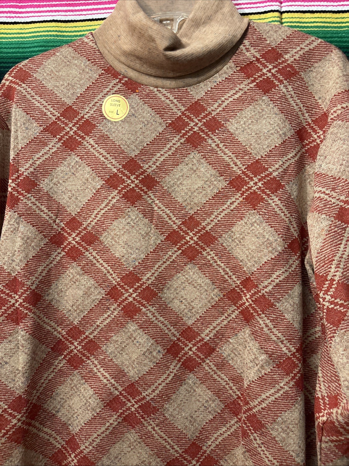 Vintage 70’s Cotton Blend Plaid Turtle Neck Sweater size L N.O.S Unisex
