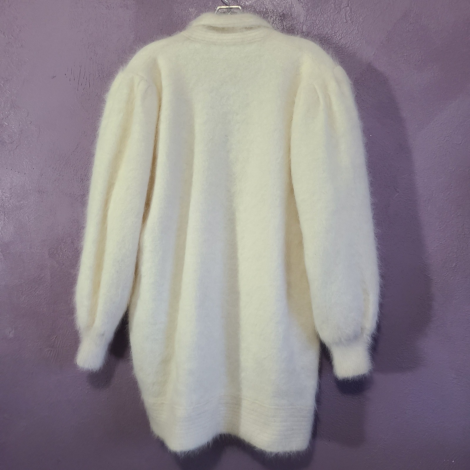 Vintage Lee Sands Angora Rabbit Cardigan Womens L Cream White Beaded Embroidered