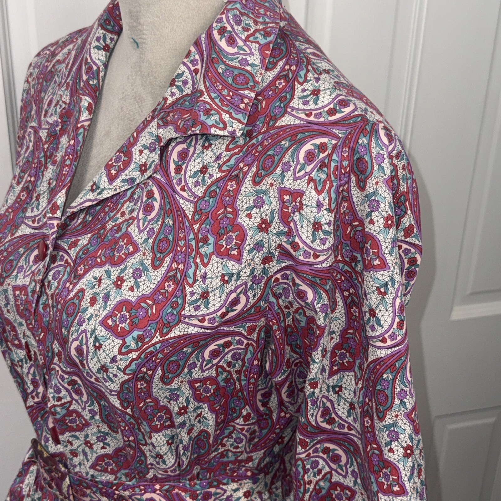 1950’s Handmade Cotton Shirt Dress Fit & Flare Paisley Pockets Medium Belted