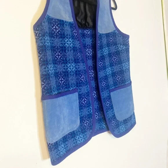 Vintage Welsh Wool Tapestry and Suede Patch Waistcoat Vest Size 40 Blue