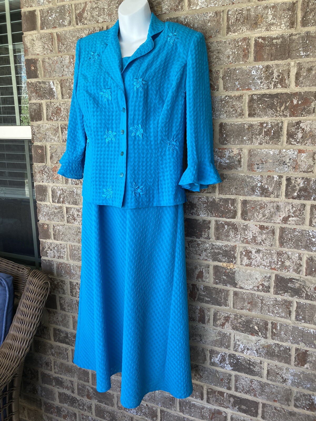 Vintage Plaza Collection Two Piece Dress Sheath And Jacket Set Size 10 Aqua Blue