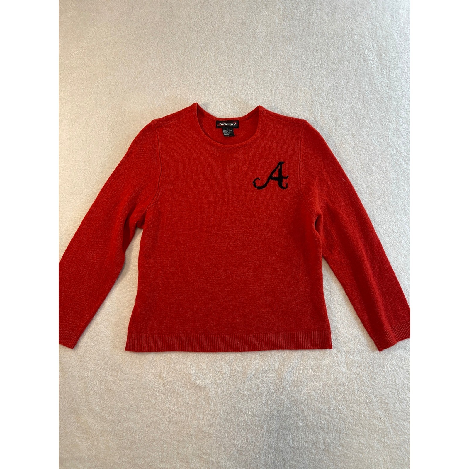 Takeout Red Crewneck Sweater Letter A Graphic Knit Pullover Womens Large Vintage
