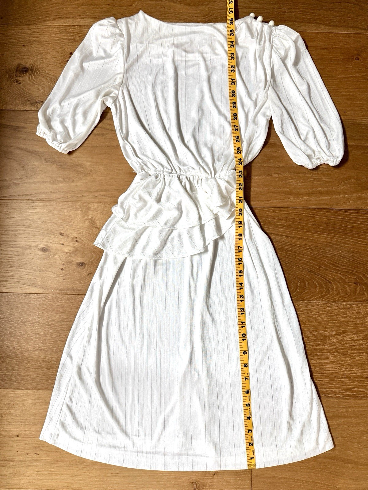 80s VTG Joni Blair Dress White Shimmer Pinstripe Peplum Puff Sleeve Shoulder Pad