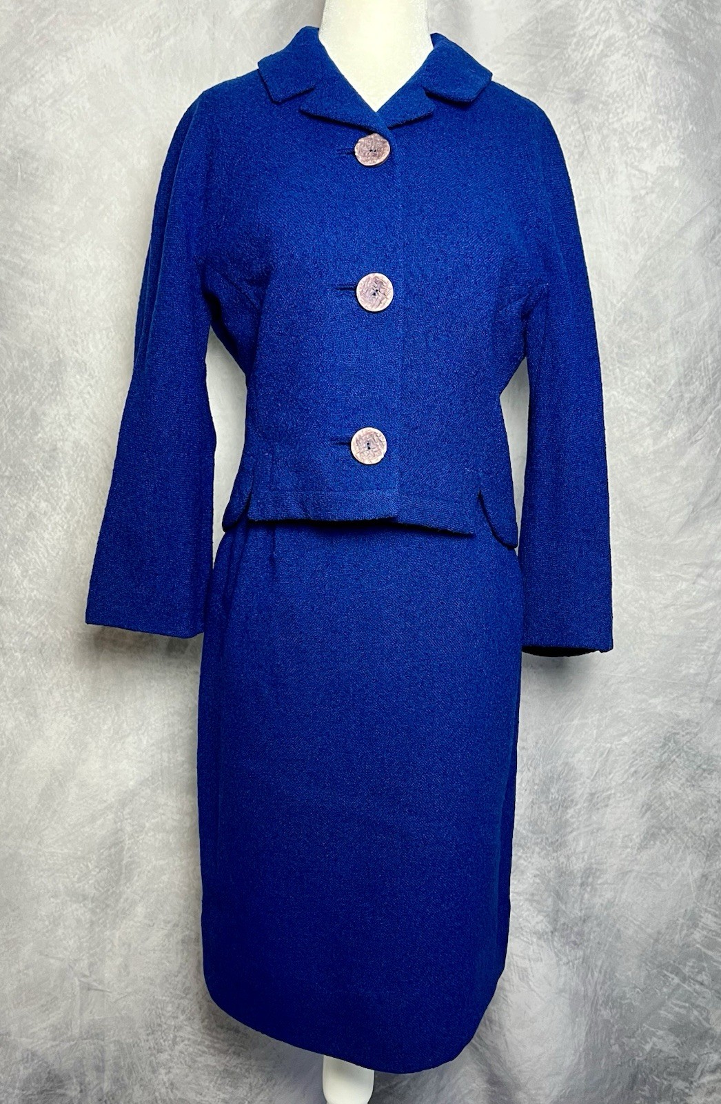 Vintage c.1950s/60s Frank Gallant Blue Wool Jacket Skirt Suit Silk Lined Size S