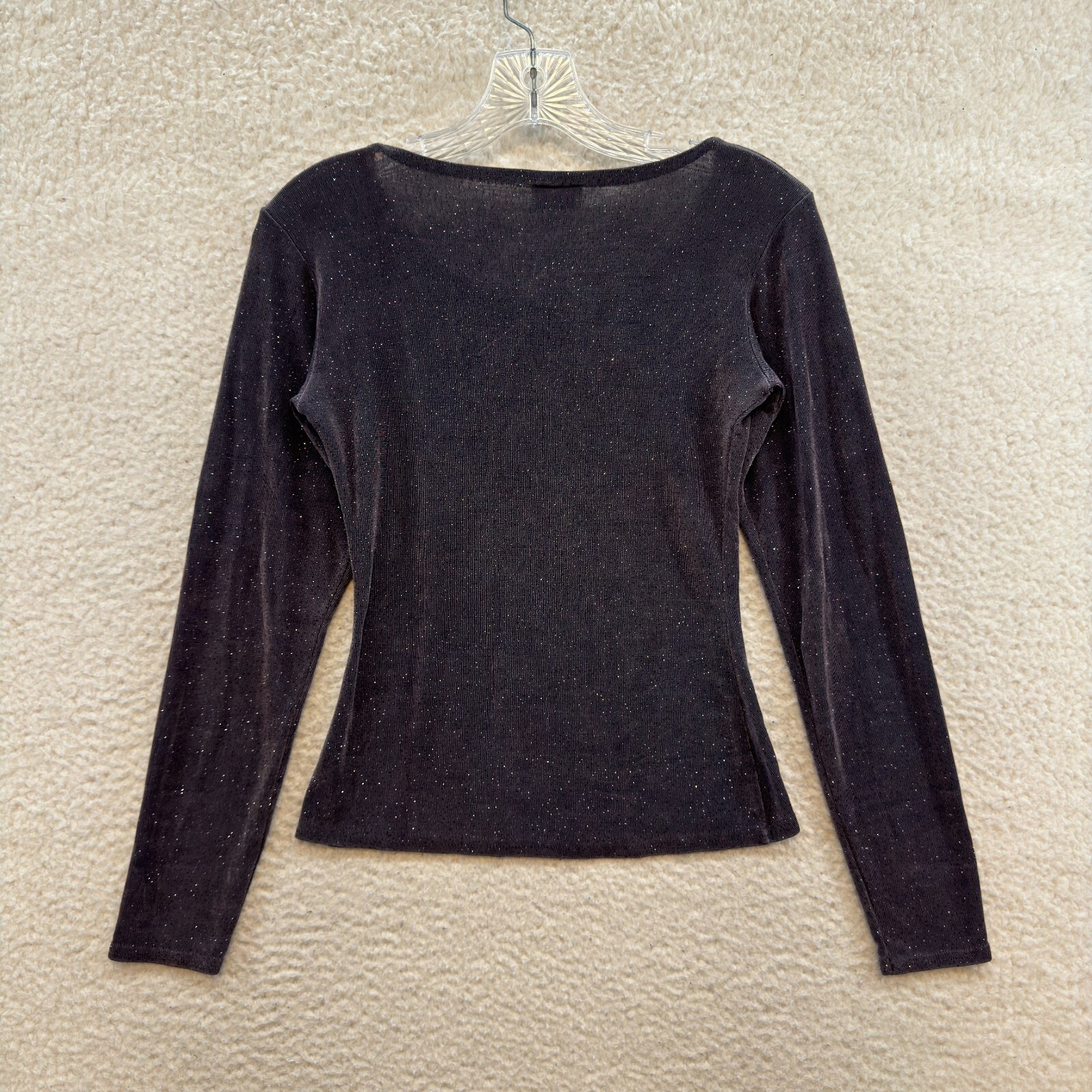 90s Vintage Top Medium Purple Grey Slinky Stretch Glitter Sparkle Long Sleeve