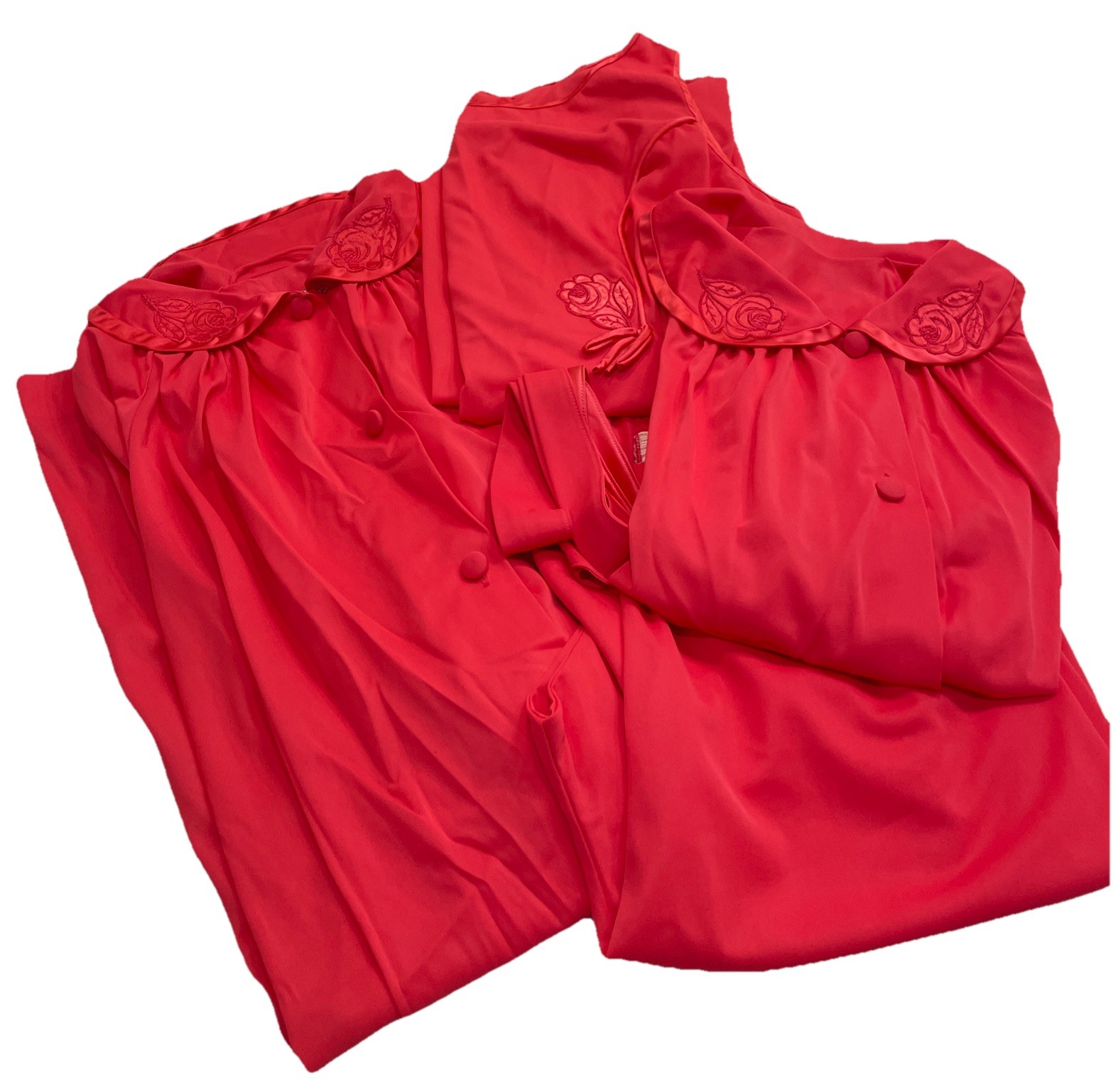 Vintage Women’s Coral 4-Piece Sleep Set Pajama W House Coat Feminine Romantic