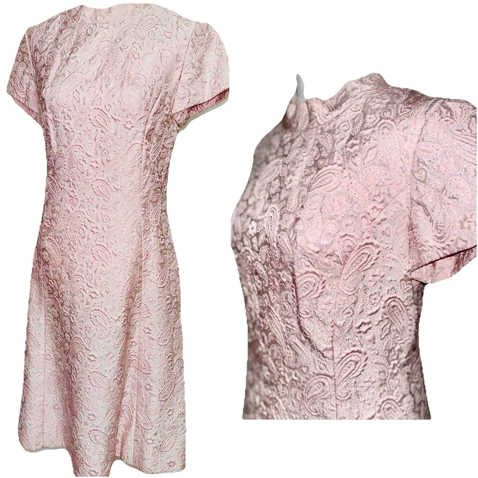 Vtg Party Dress 60s Paisley Pink & Silver Brocade Mod Cocktail Harmay S 6 36