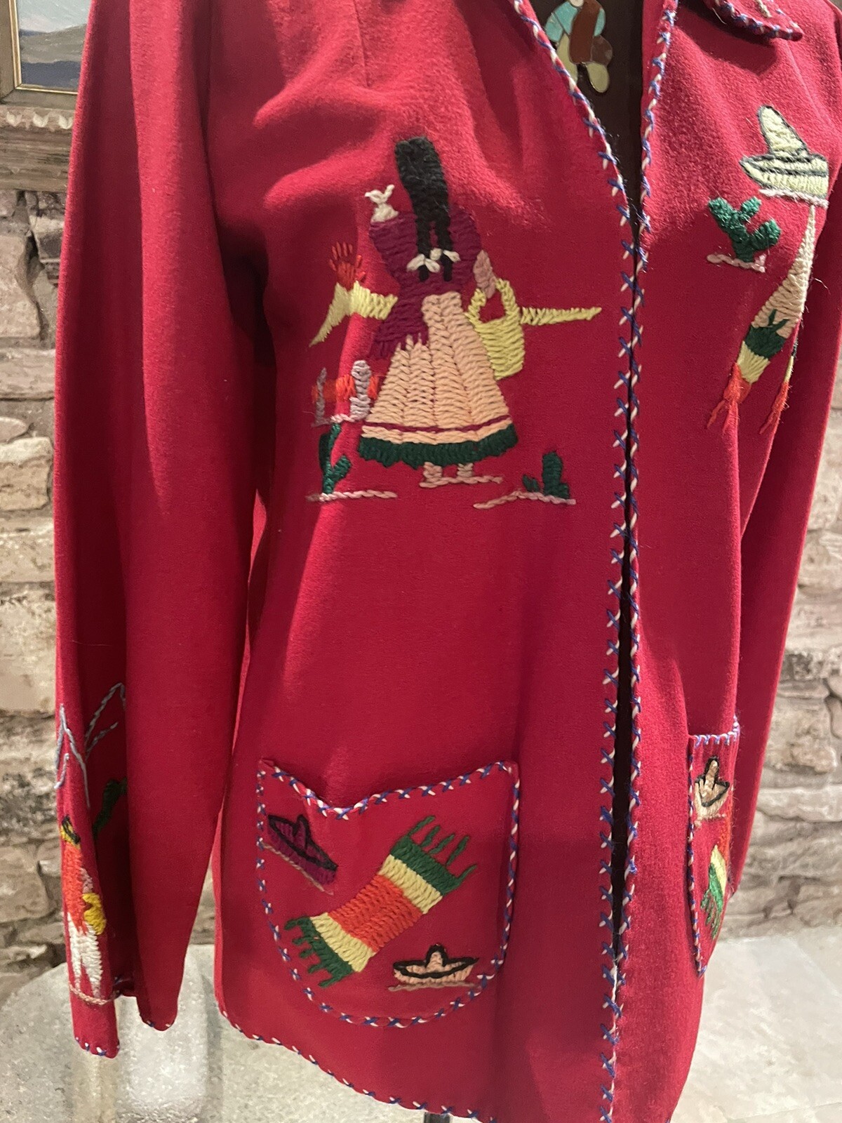 1950s Red Wool Felt Embroidered Mexican Tourist Jacket Size S