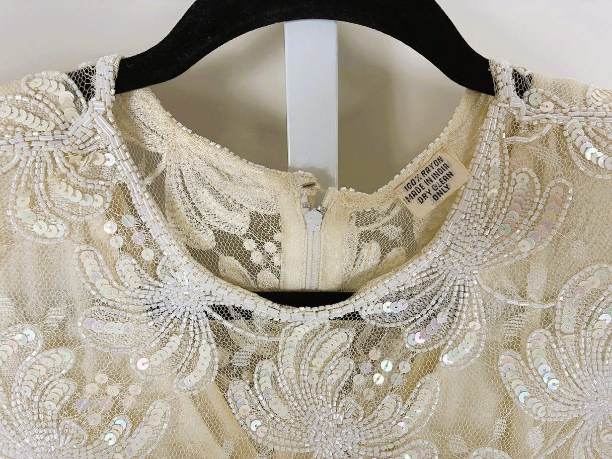 Vintage 1980s Beaded Sequin Lace Gown Ivory Handkerchief Hem Gatsby Bridal Gala