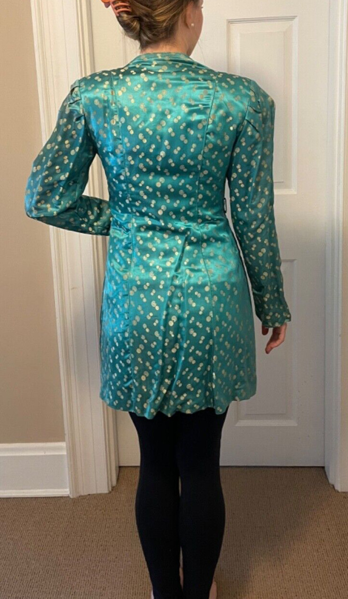 Vintage 1930s Turquoise and Gold Long Silk Jacket with Fancy Closure Size L