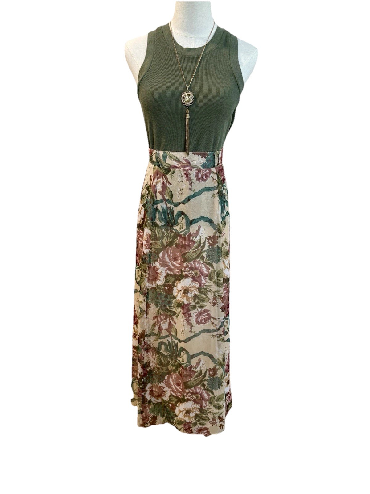 Muse Womens Vintage 6 80s 90s Beige Wine Floral Print Sheer Maxi Skirt Rare XS
