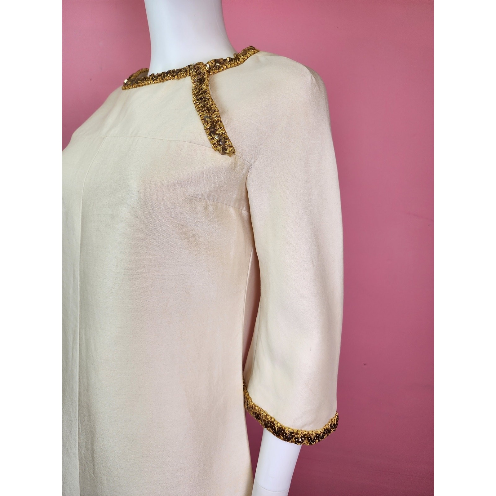 Vintage 1960’s Champagne Cream Gold Cord Trim Rhinestone Shift Dress I. Magnin