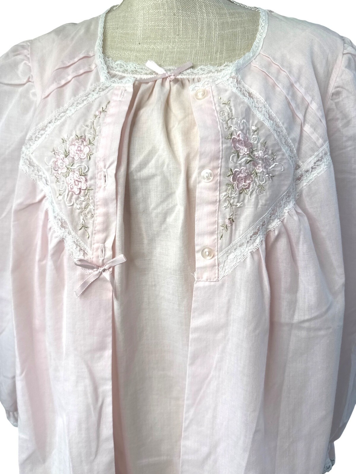 Vintage Cachet Cotton Pink Lace Embroidered Nightgown/Robe Set L 16-18