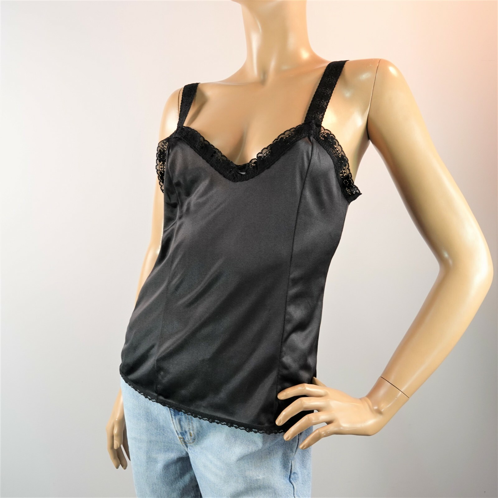 Vintage Newton Camisole Half Slip Top Sz M Black Satin Nylon Lace Trim USA Made