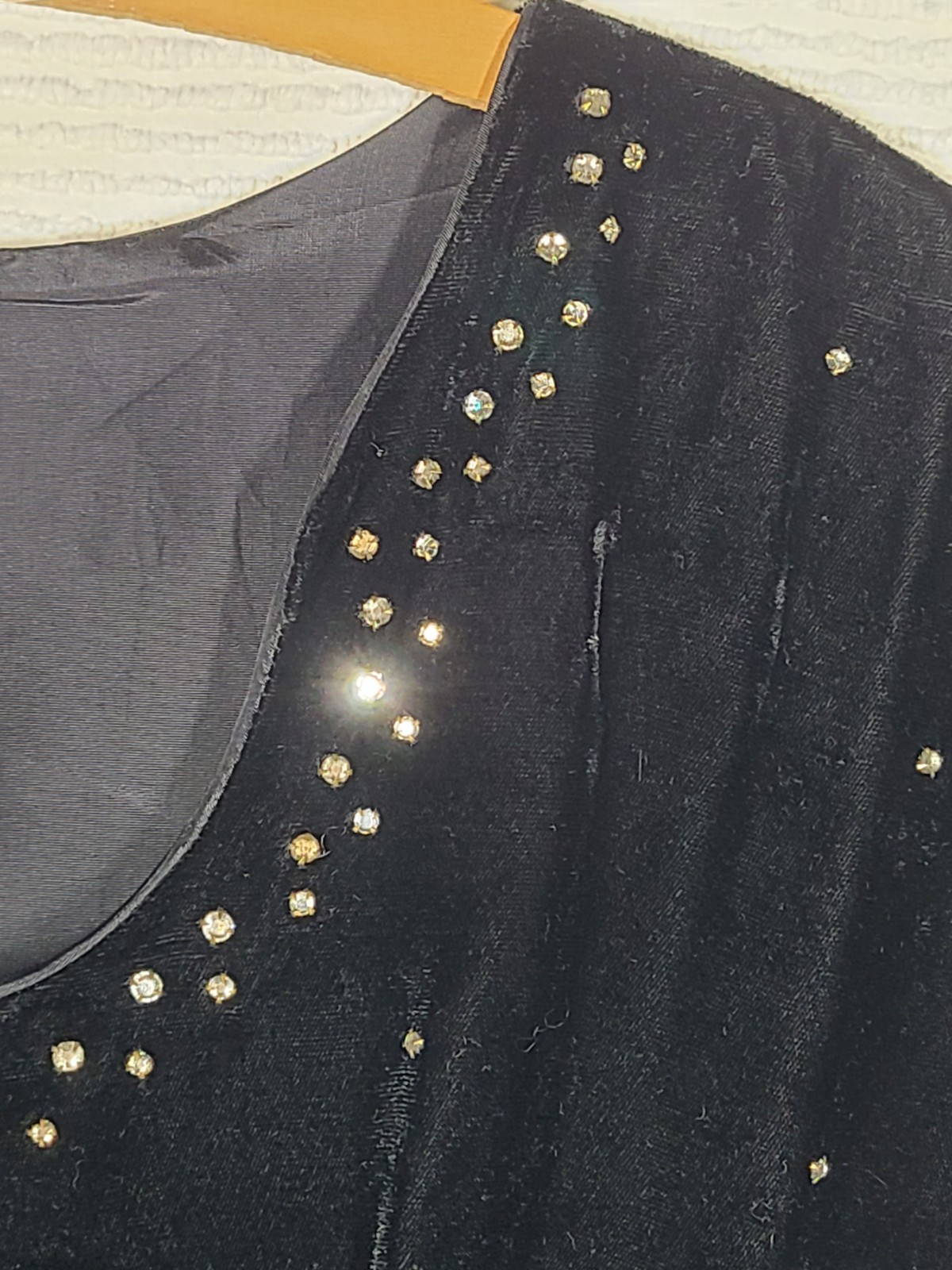 Vtg 40s Dress Black Velvet Night Sky Rhinestone wBelt Gloria Swanson Paris AsIs