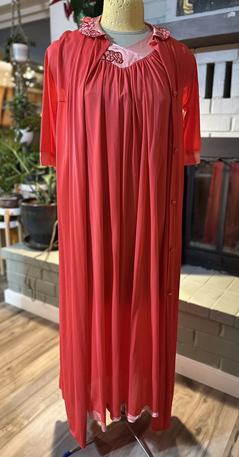 Vintage 60s Night Gown & Robe Set Silky Nylon Coral Pink Snowdon Small Peignoir