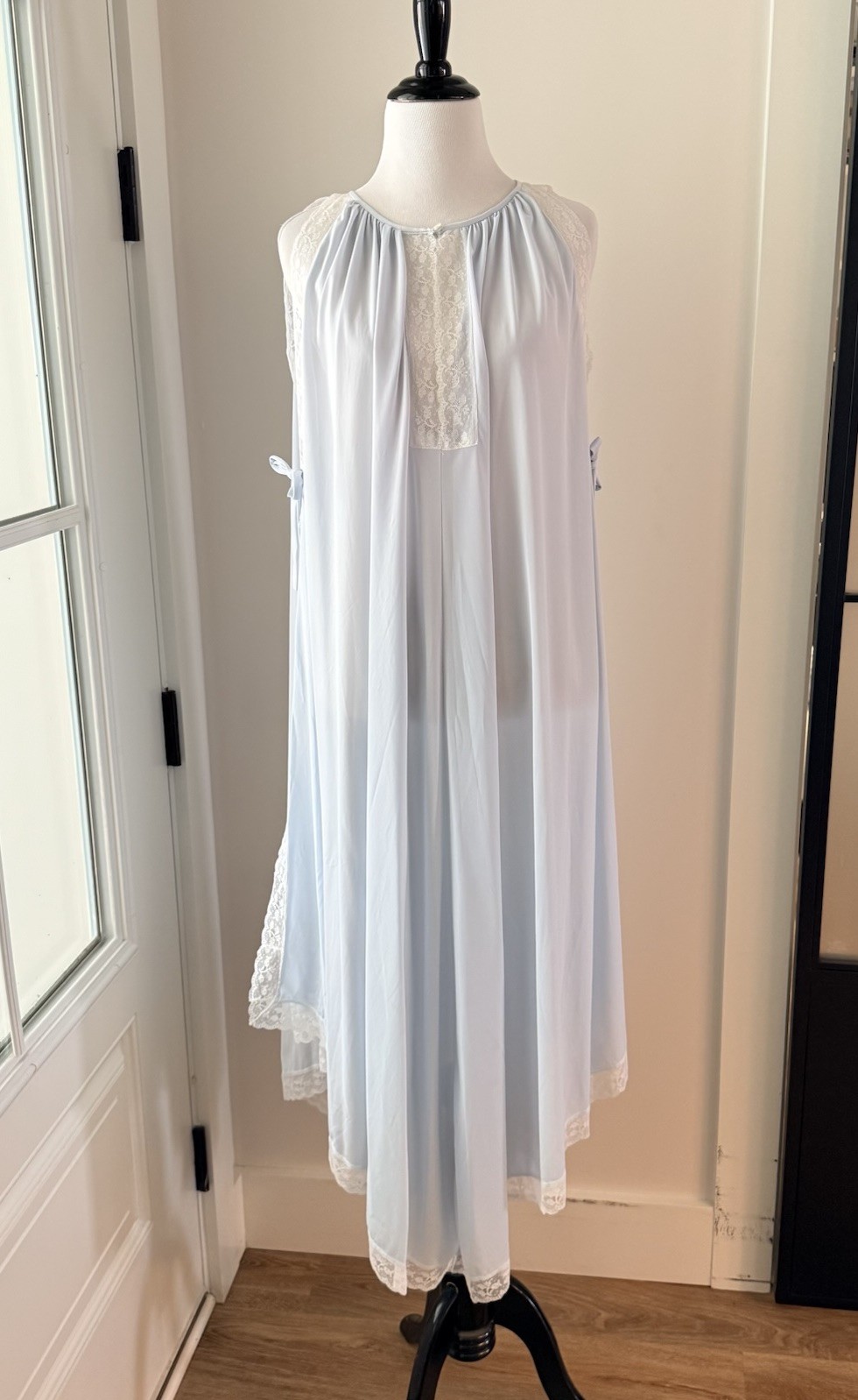Vintage Eve Stillman Nightgown Blue Lace Nylon Open Side Gown One Size Lingerie