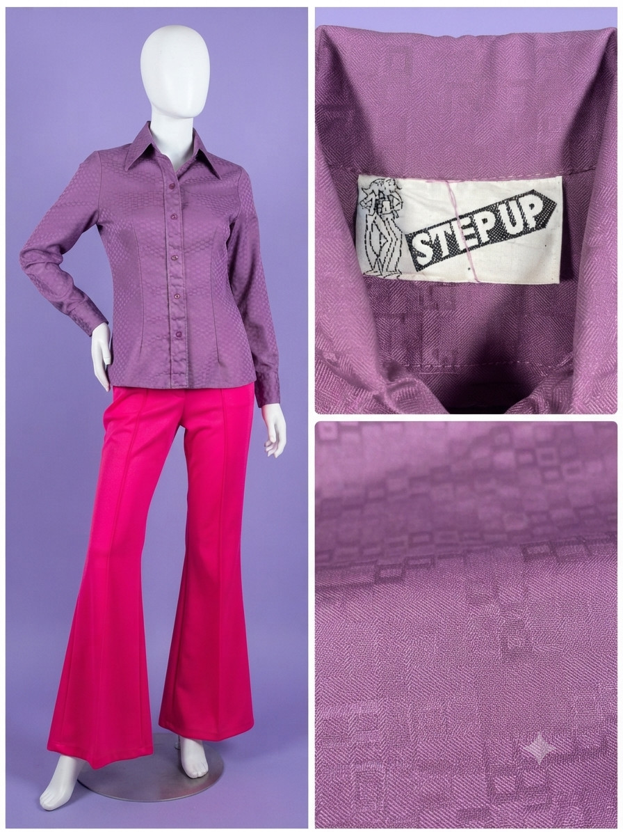 Vitg 70s Dagger Collar Damask Weave Geometric Print Tailored Purple Blouse Sz S