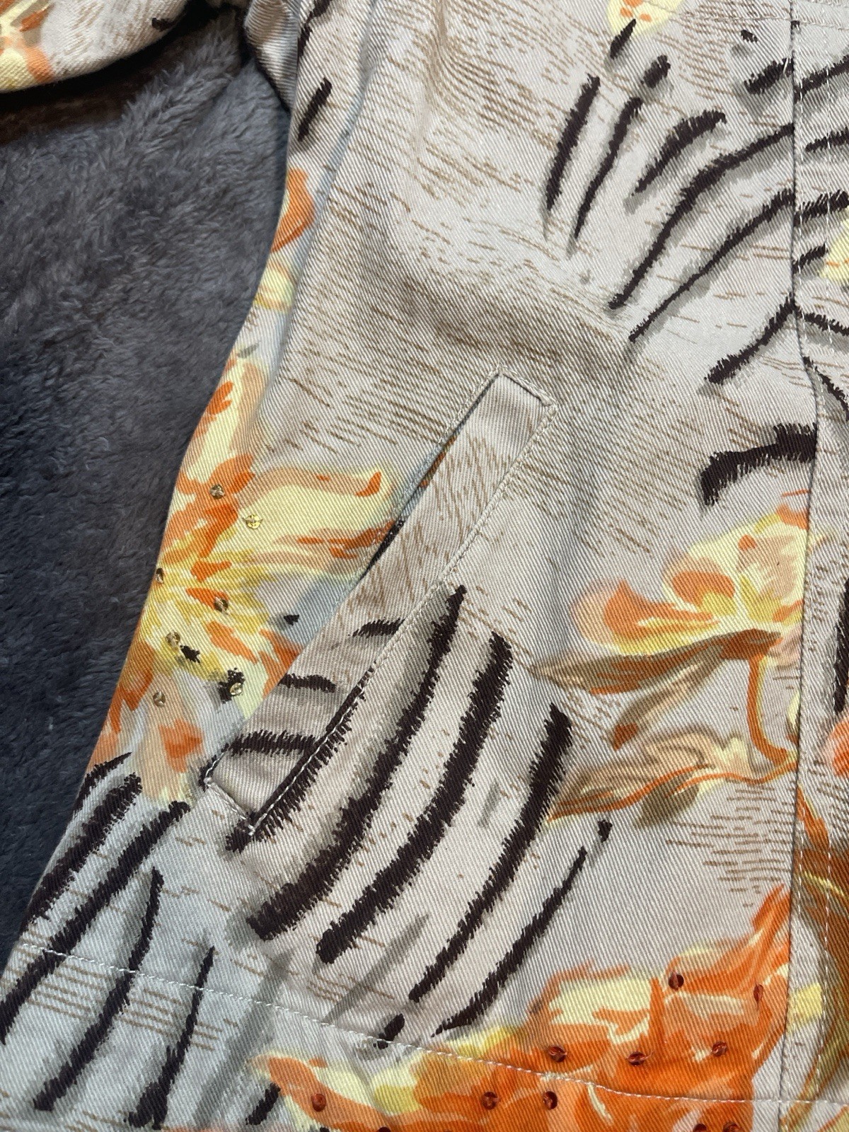 Studio Works Jacket Womens Large Floral Zebra Print Beaded Button Front Cotton