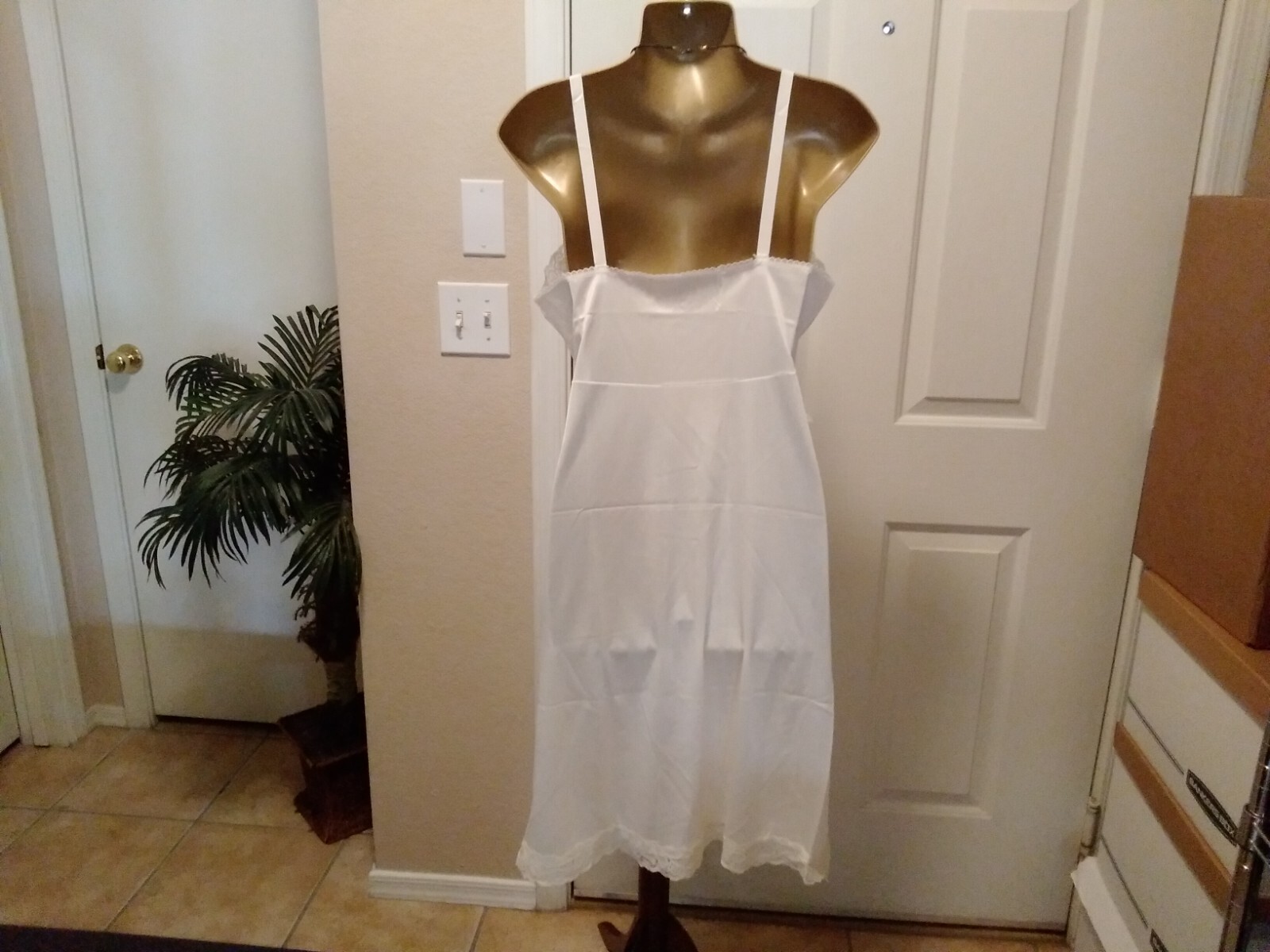 Vintage Full Slip Dress Chemise European SZ S-M Cream Ivory w/ Lace Trim