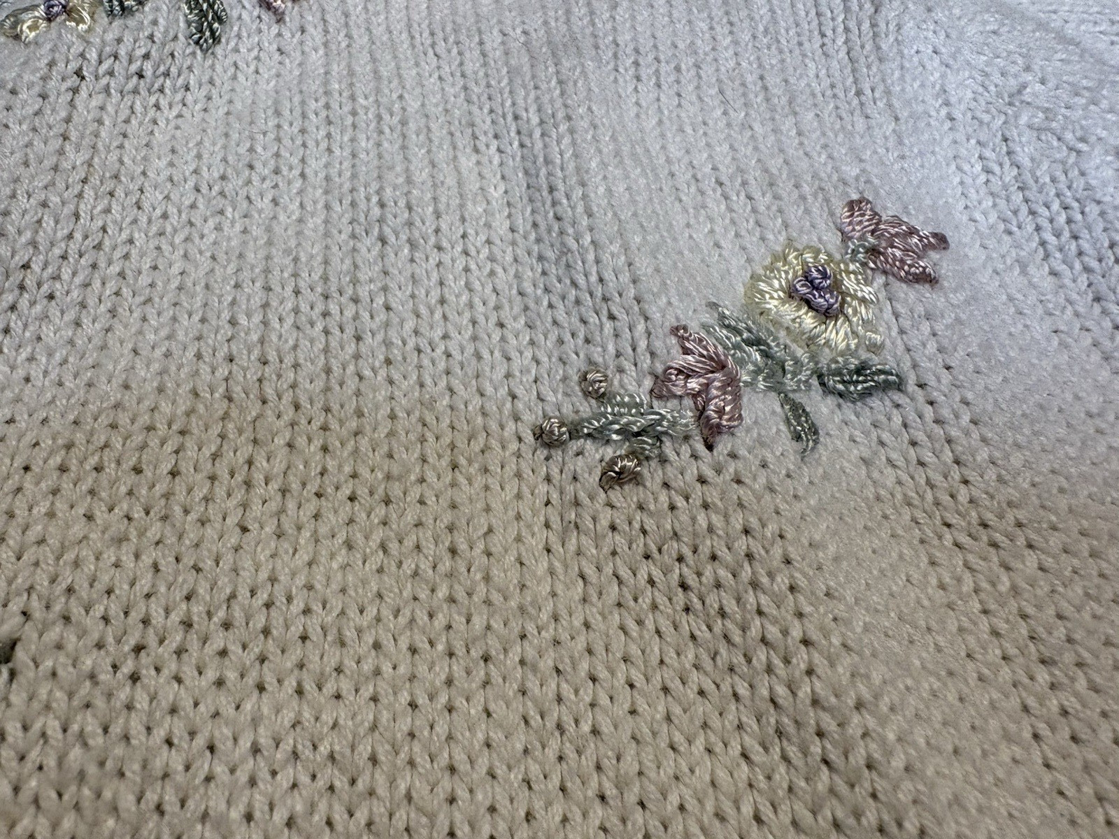 Vintage 90s Jenny White Knit Cardigan Purple Floral Embroid Grannycore Women’s L