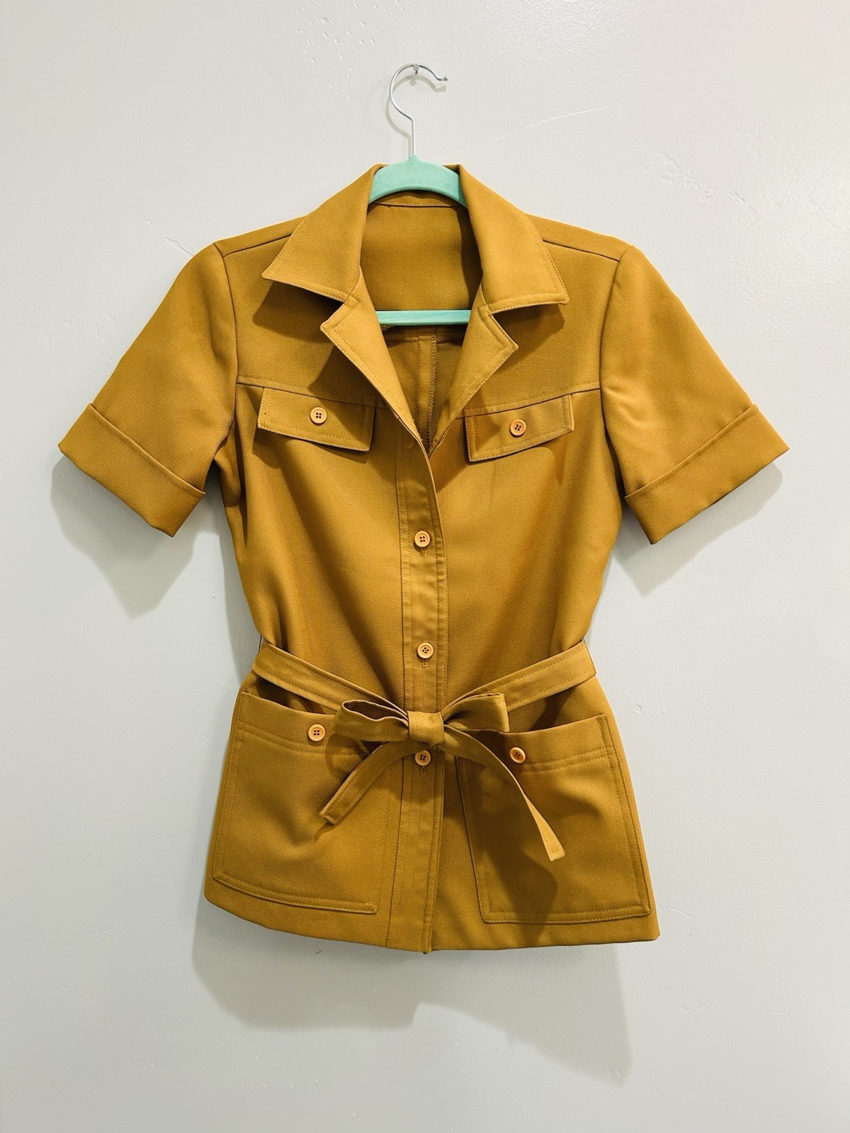 Vintage 70s Mustard Yellow Safari Jacket Retro Utility Belted Shacket Boho S