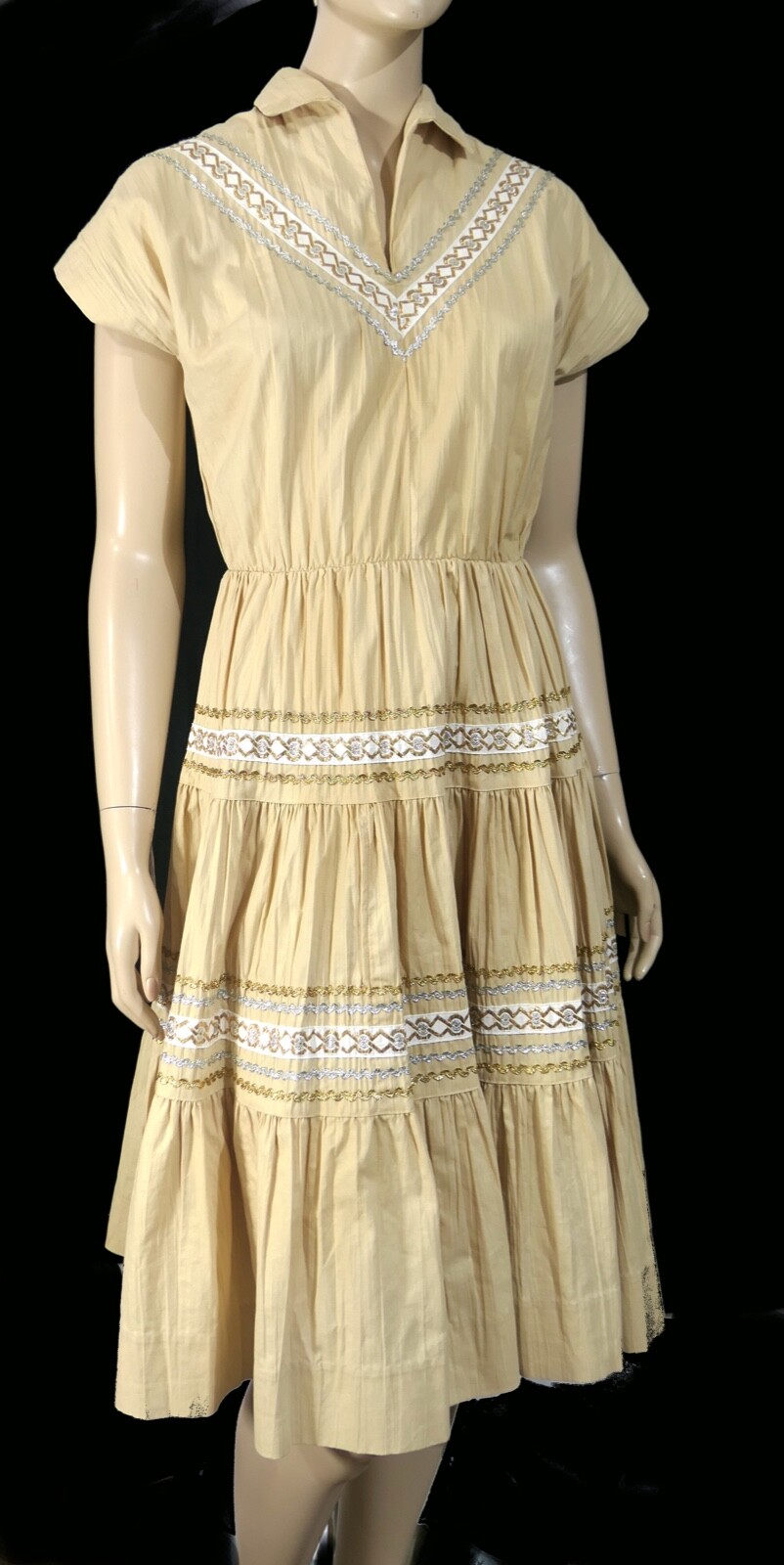 Vintage 50s 60s 101 Western Silver Gold Zig Zag Full Cotton Patio Dress S M