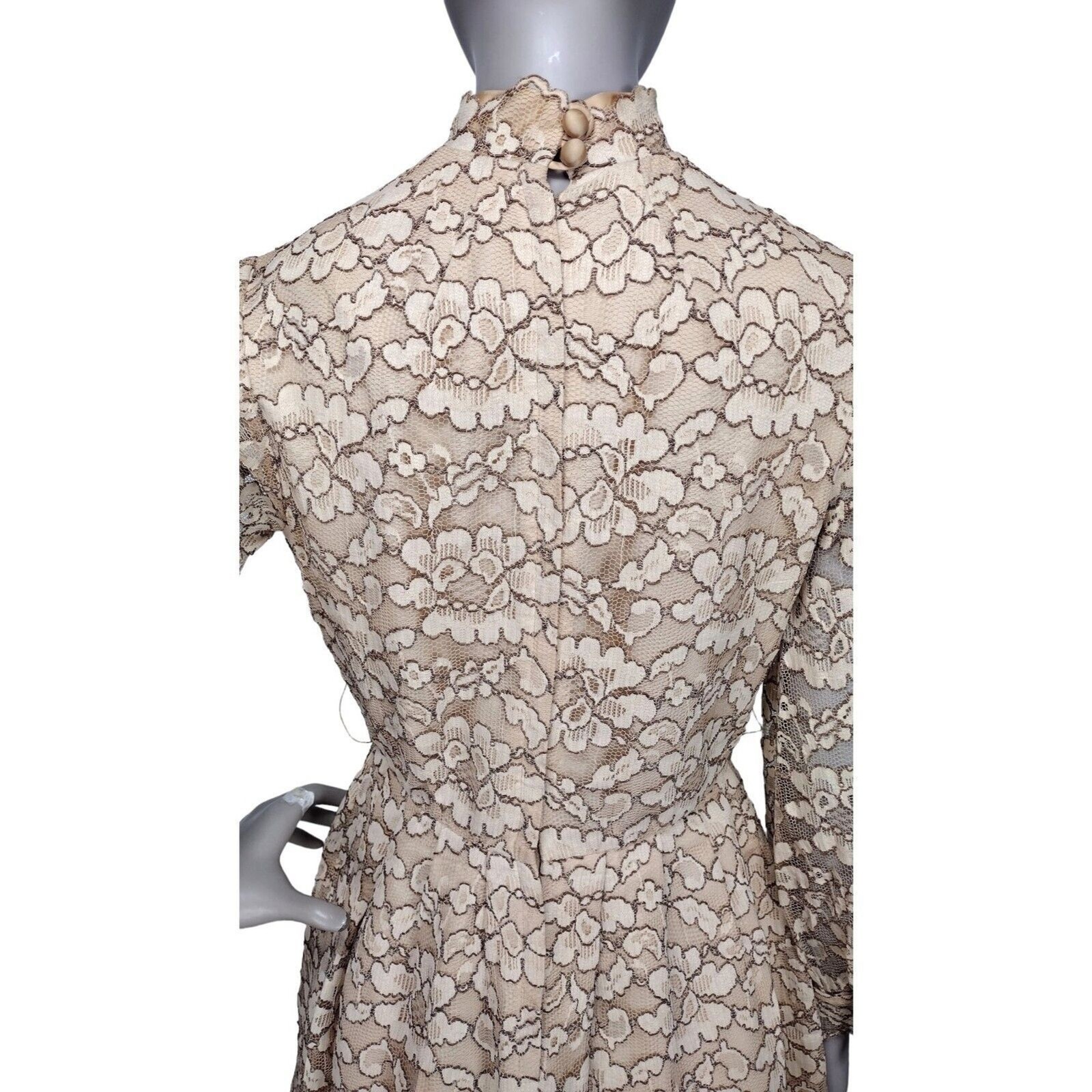 Vintage 60s Beige Gold Floral Lace Scalloped Edge Balloon Sleeve Mini Dress