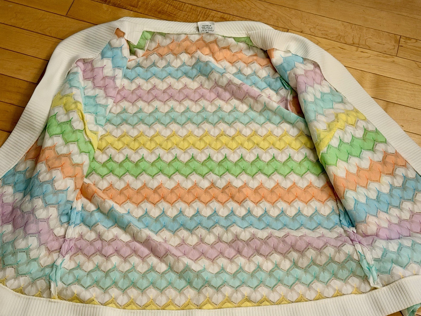 Vintage 1970s Rainbow Chevron Open Knit Cardigan Mod Textured Sweater S/M 19×21