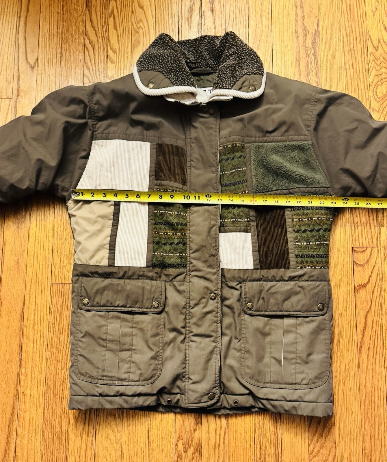 Vintage IZZI Patchwork Corduroy Sweater Olive Green Jacket Large Full Zip Snaps
