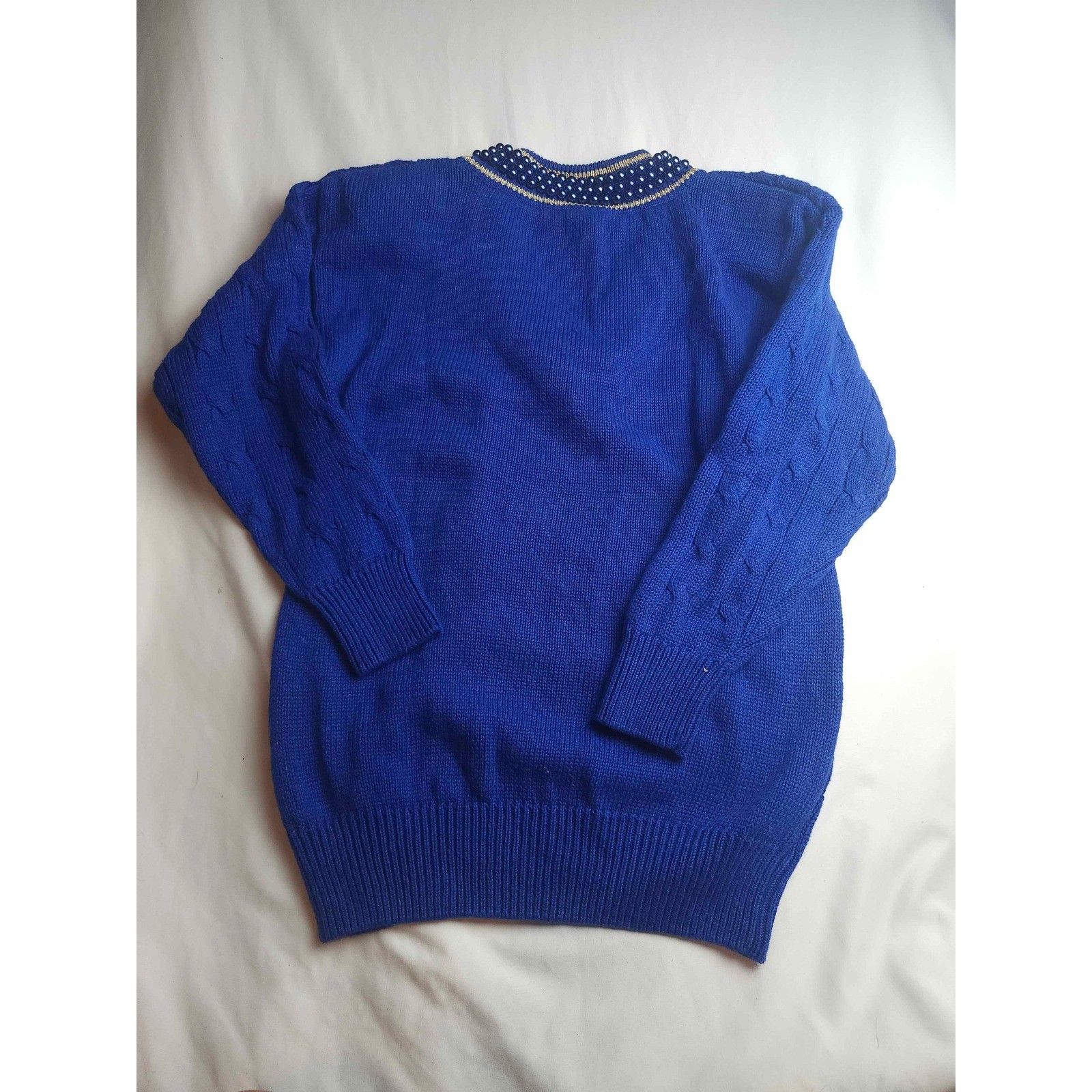 Eminent Vintage Royal Blue Cable Knit Pearl Beaded V-Neck Sweater Small Womens