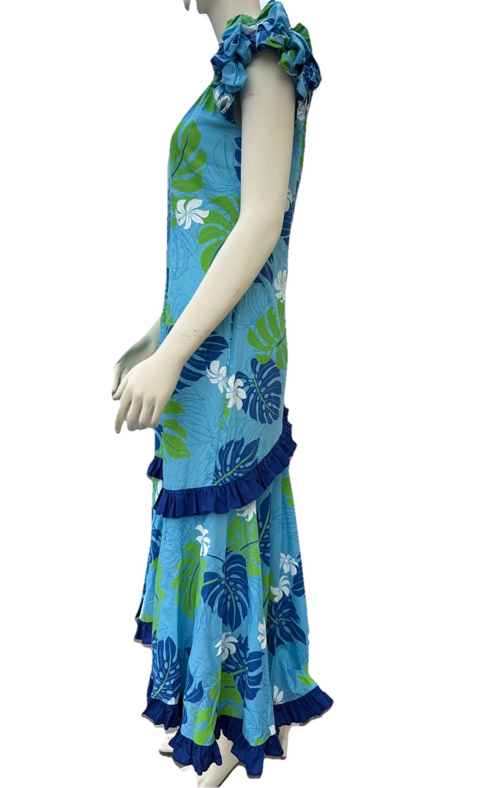 Vintage Hawaiian Mu’u Mu’u Dress Medium Blue Floral Hoku Made In Hawaii Gown