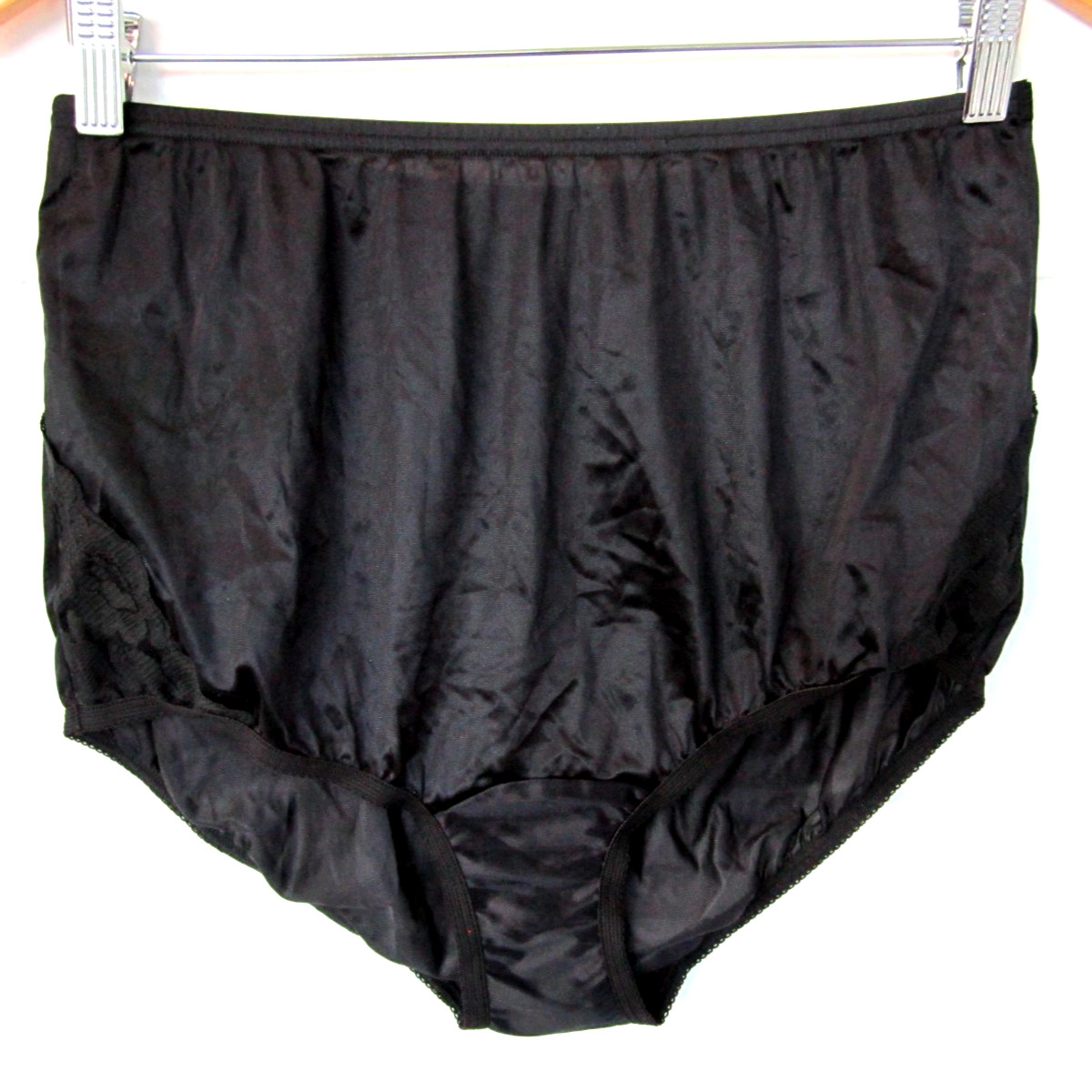 VTG VANITY FAIR 13-001 BLACK Hi Waist Sheer GRANNY LACE Leg Panties Sz 7 / 44