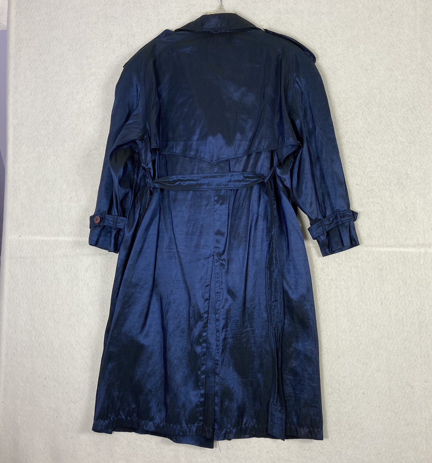 90s VTG Trenchcoat Iridescent Blue Plus 18WP Petite Belted Brem Rainwear Womens