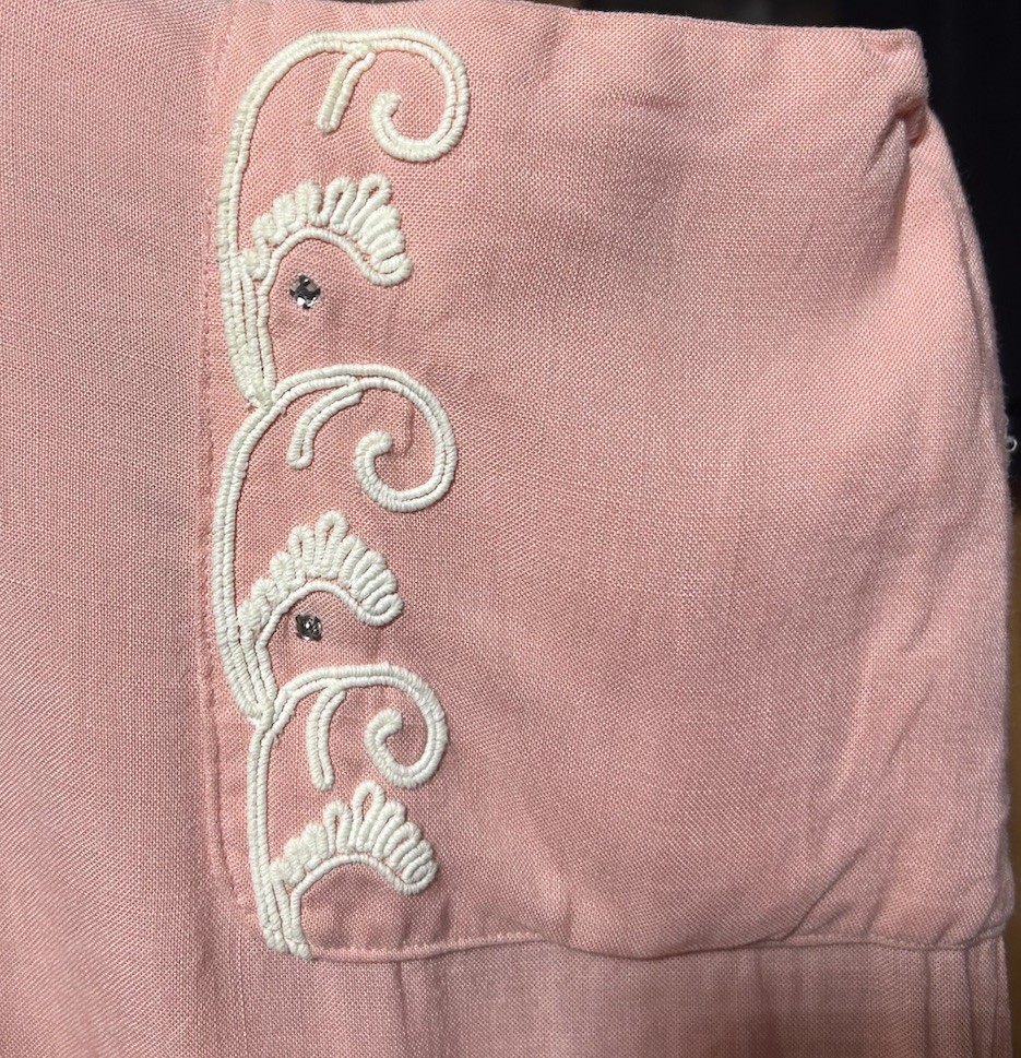 Vtg 1940s Pink Pinafore Dress Rayon Linen Novelty Soutache Pockets Metal Zip 32W