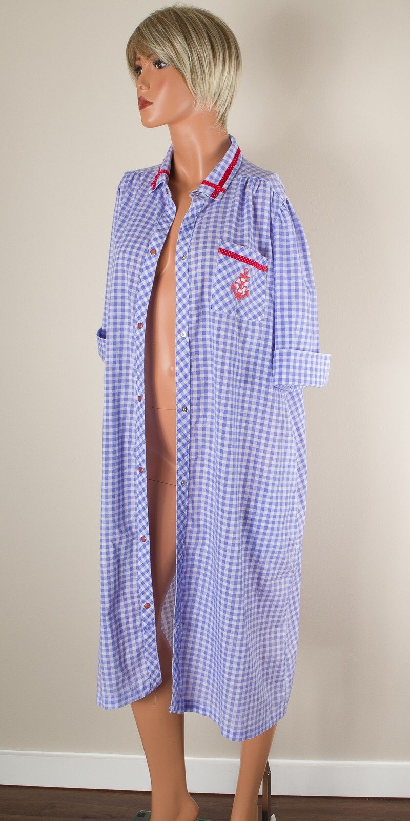 💖 SMART TIME Size M Blue Gingham Robe Housecoat MuMu Snap Pockets Red Trim