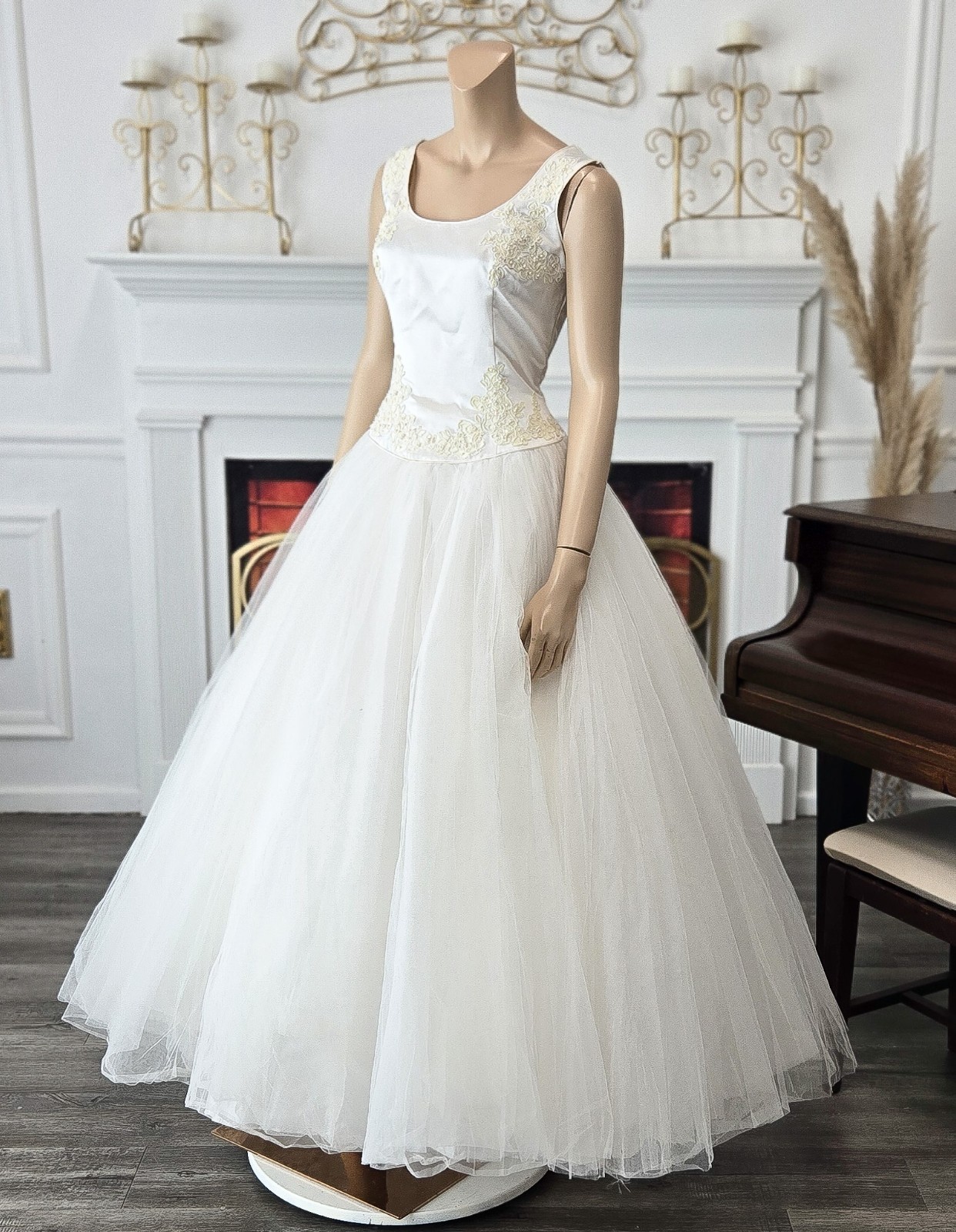 Unbranded Vintage 90s White Tulle Ivory Alencon Lace Corset Wedding Dress sz 12